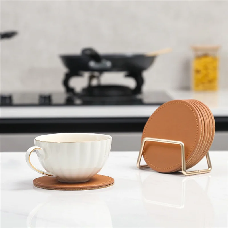 

6Pcs Coaster with Metal Holder, PU Leather Coasters for Drinks with Cork Base, Round Cup Coaster for Coffee Table Pink