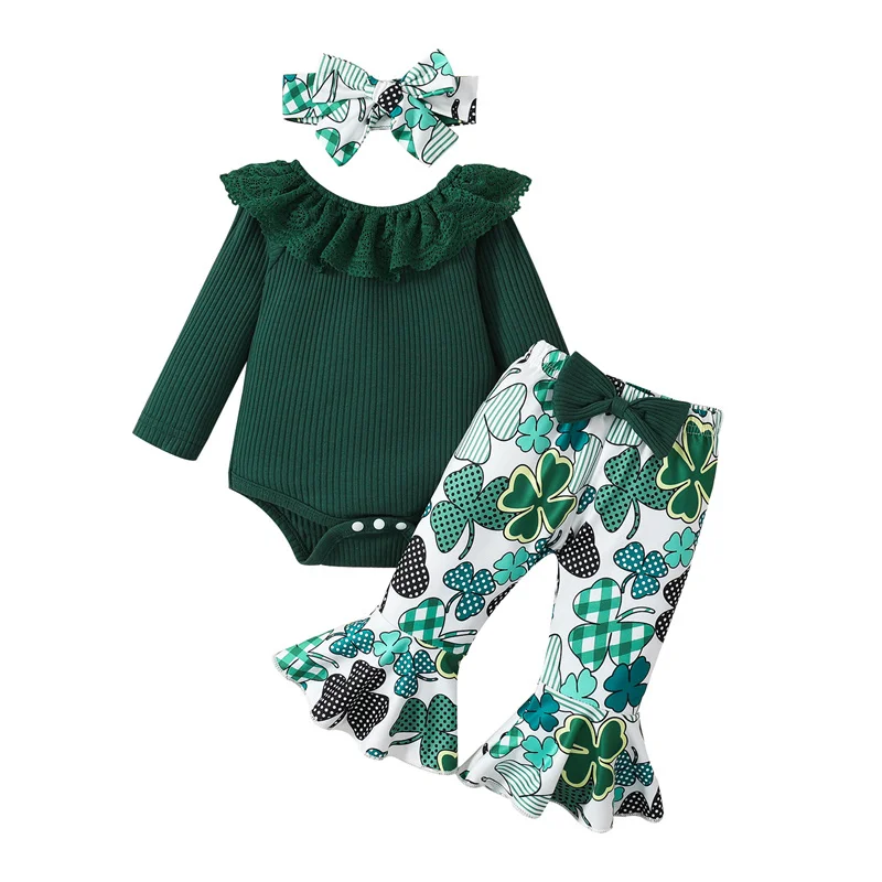 

Baby Girls Autumn Spring Clothes Set Lace Collar Long Sleeve Ribbed Romper Tops + Floral Flared Pants + Headband Sweet 3Pcs