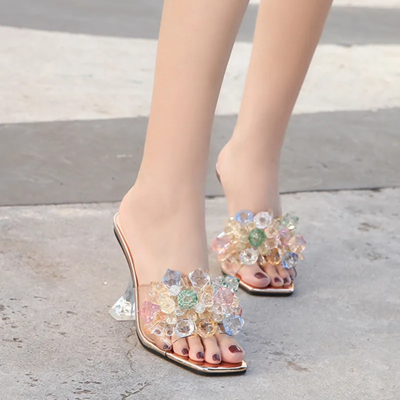 

Plus Size 35-46 Summer Women Slippers Crystal Flower Thin Heel Slides PU Womans Catwalk Sandals Sexy Pumps For Woman Party Shoes