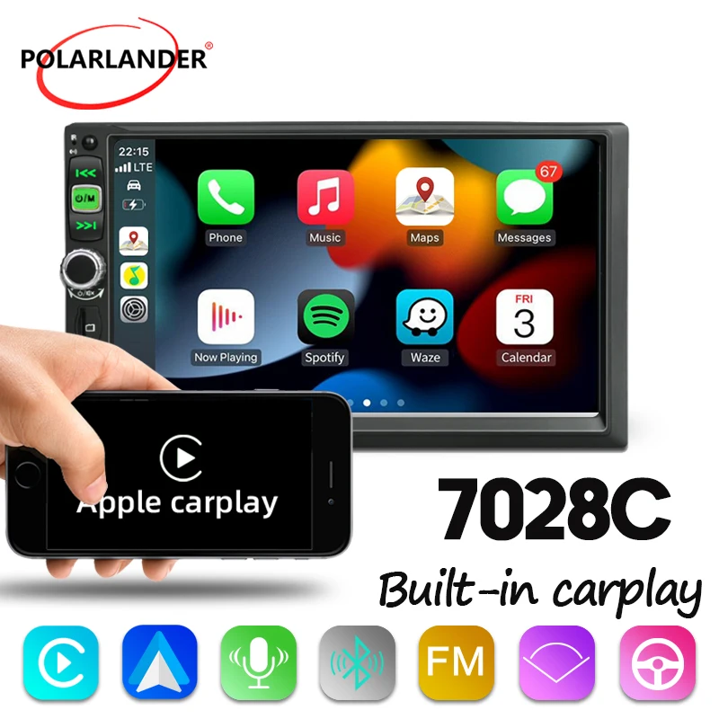 

PolarLander Car MP5 Player Stereo Mirror Link Bluetooth Carplay, Android Auto USB/TF/AUX 2 Din 7" TFT Car Multimedia Player