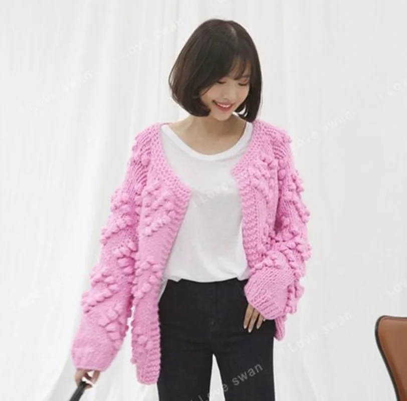 

Женский вязаный кардиган с рукавами-фонариками, свободный розовый кардиган с помпонами, Осень-зима 2022