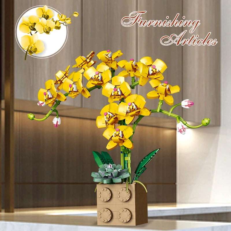 Flor amarilla, bloques de construcción, Serie de orquídeas, bonsái, juguete de construcción, flores, arreglo de flores para adultos, juguetes de montaje para niña