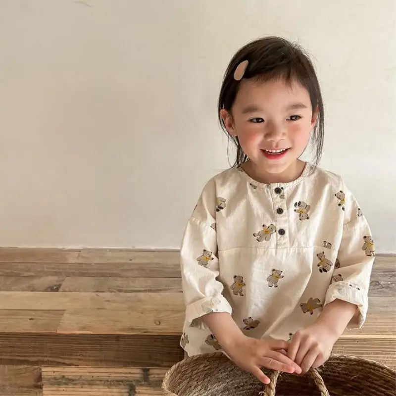 

Spring New Children Long Sleeve T Shirt Cute Bear Print Girls Cotton Linen Shirts Baby Boy T Shirt Fashion Kids Tee Infant Tops
