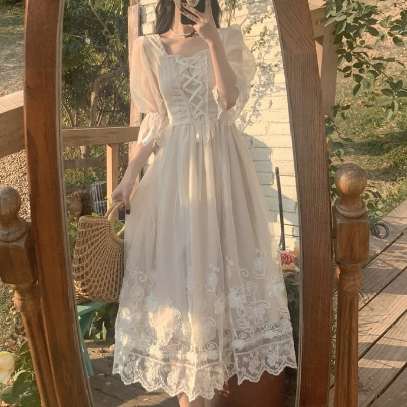 

2023 французское винтажное платье миди, женское элегантное кружевное платье принцессы, женское весеннее повседневное корейское свадебное викторианское платье