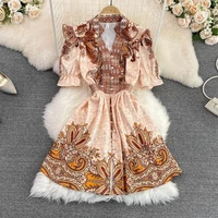 2022 summer retro palace style v neck ruffled positioning printing bubble short sleeved single breasted a line dress women