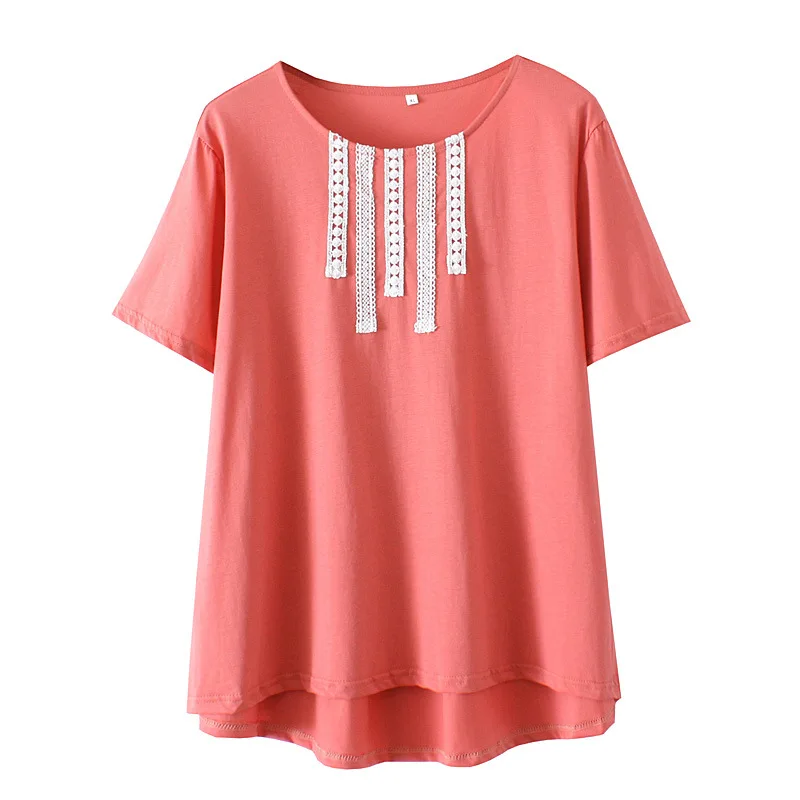 

Plus Size Women T-Shirt Cotton Lace Summer 2022 Casual Short Sleeve Tees Asymmetrical Length Tops