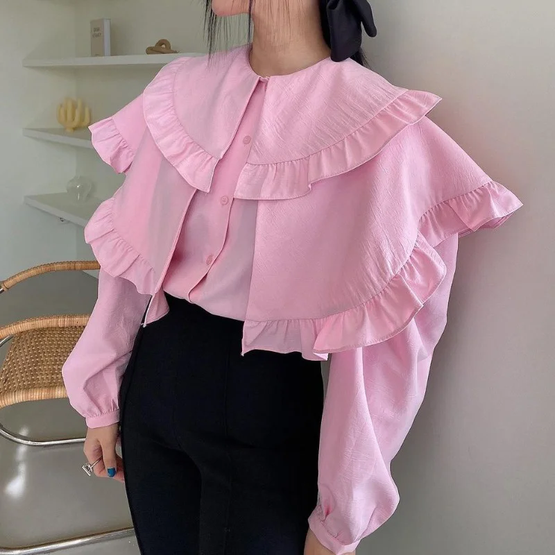 

Sweet Women Peter Pan Collar Ruffle Spliced Shirt Long Sleeve Single Breasted Pink Blouse 2023 Spring Autumn New Top M938