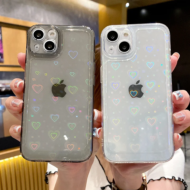 

Solid Color Clear Laser Love Heart Pattern Phone Case For iPhone 12 11 13 Pro Max X XR XS Max 7 8 Plus Shockproof Soft TPU Cover