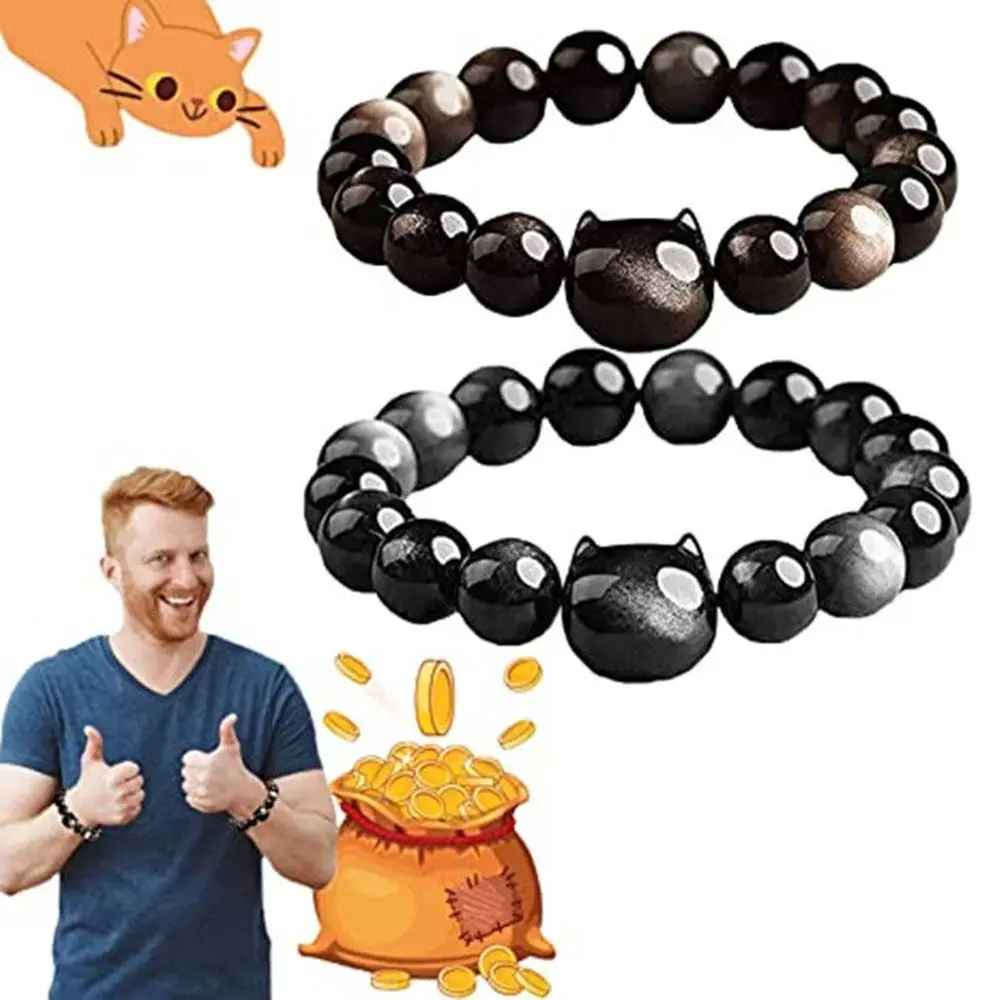 

Поглощающий отрицательную энергию, милый подарок для пары, обсидиановый браслет, Защитный Браслет для кошки, браслеты с золотым и серебряны...