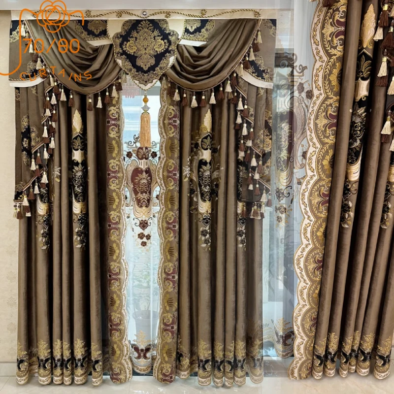

Coffee Colored Embroidered Flannelette Thickened Blackout Curtains for Living Room Bedroom Villa French Window Customized