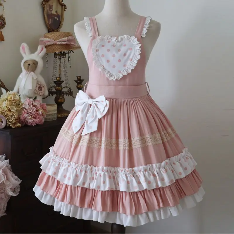 

Розовое милое платье в стиле "Лолита" Jsk, милое платье в горошек с кружевными оборками, бантом и высокой талией, на бретельках, женское милое платье принцессы