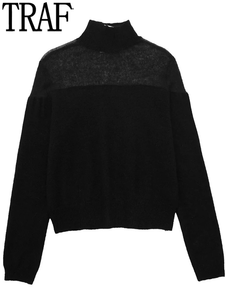 

Черный укороченный свитер TRAF, Женский пуловер, водолазка, женский свитер, полупрозрачный вязаный Топ, Женский вязаный свитер с длинным рука...
