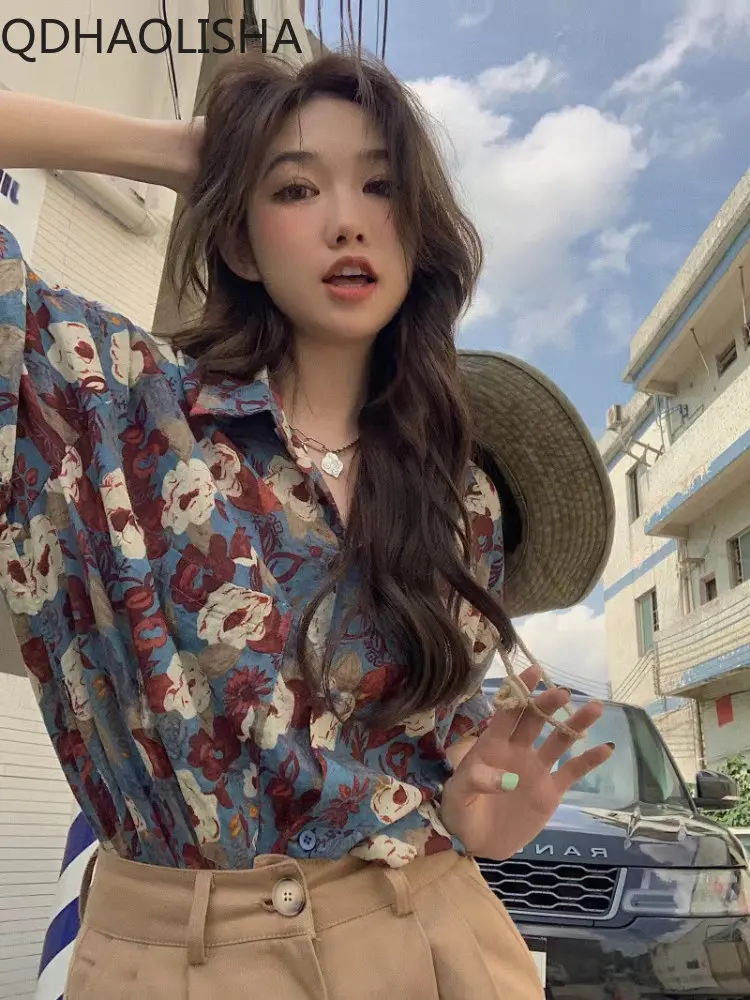 

Women's Top Retro Versatile Cool Casual Print Loose Comfortable Polo Neck Design Feel Fragmented Flower Small Female Shirt
