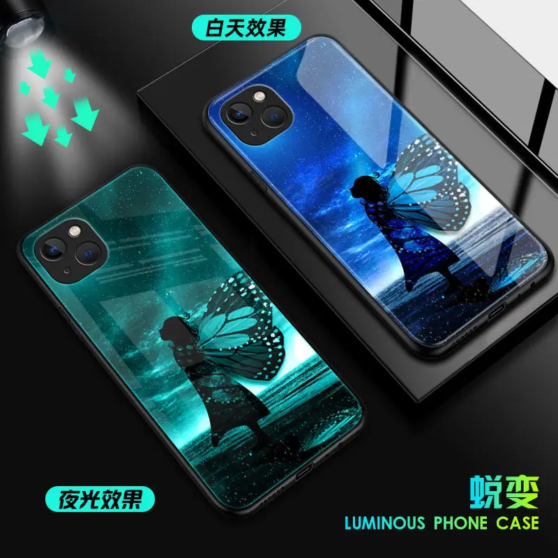 Чехол для телефона iPhone 14 Plus светящийся чехол из закаленного стекла темная задняя