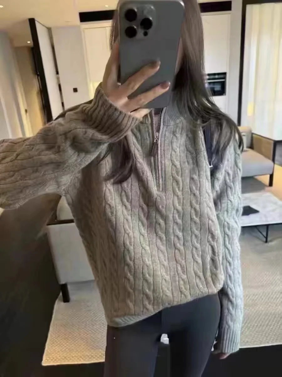 Winter Thickened Stand Collar Lapel Zip-up Half-Height Twist Knit sweater Women Twisted Flower Angora Base Loose European and... |