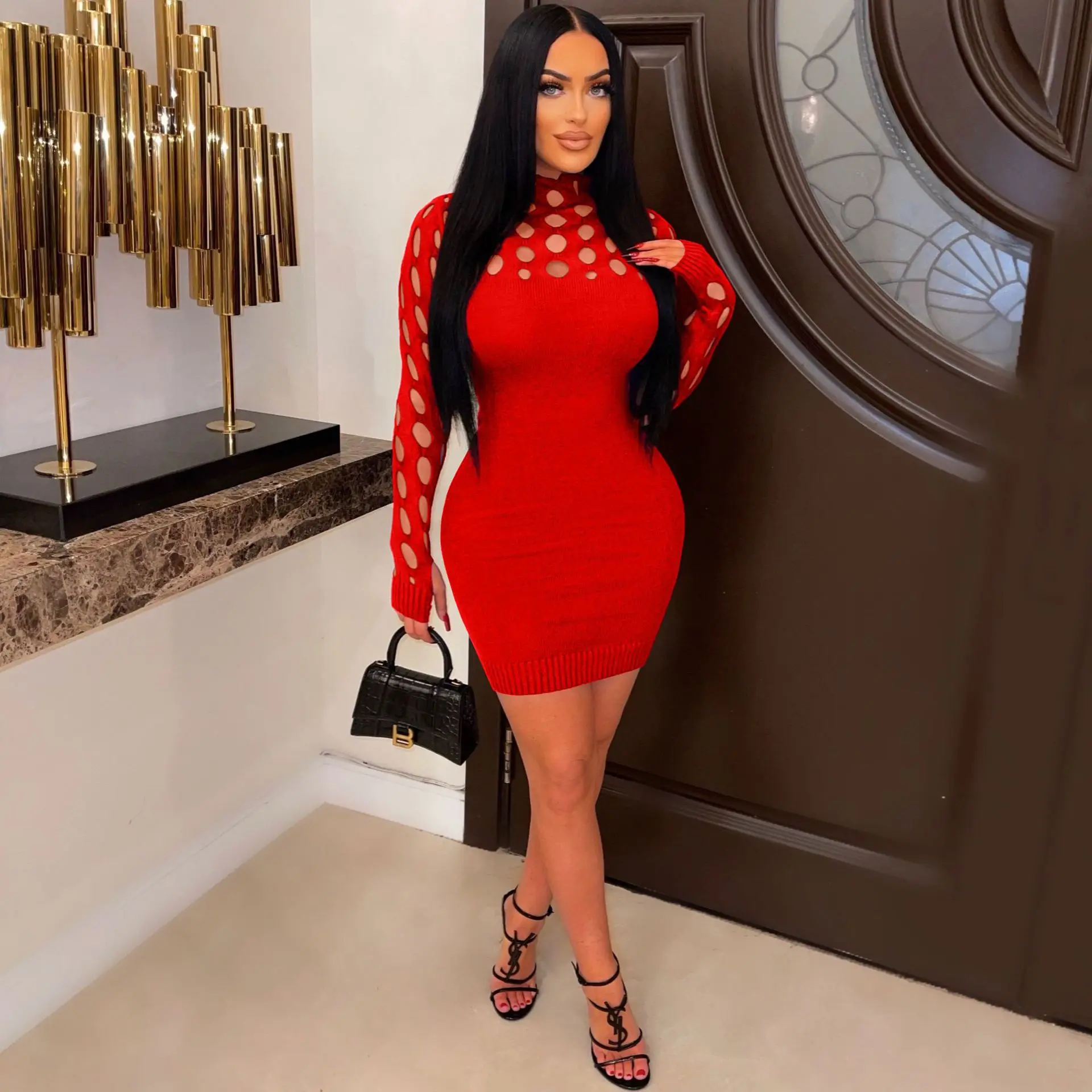 

Элегантное однотонное мини-платье-свитер для женщин, соблазнительные облегающие платья с вырезами и длинным рукавом для клувечерние, повсе...