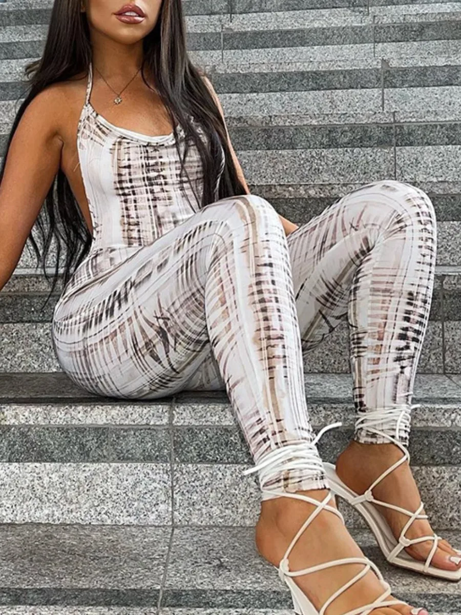 LW Plaid Print Backless Skinny Jumpsuit sexy Bodycon Halter Women Long Jumpsuits Skinny Backless Sleeveless Vacation Jumpsuits