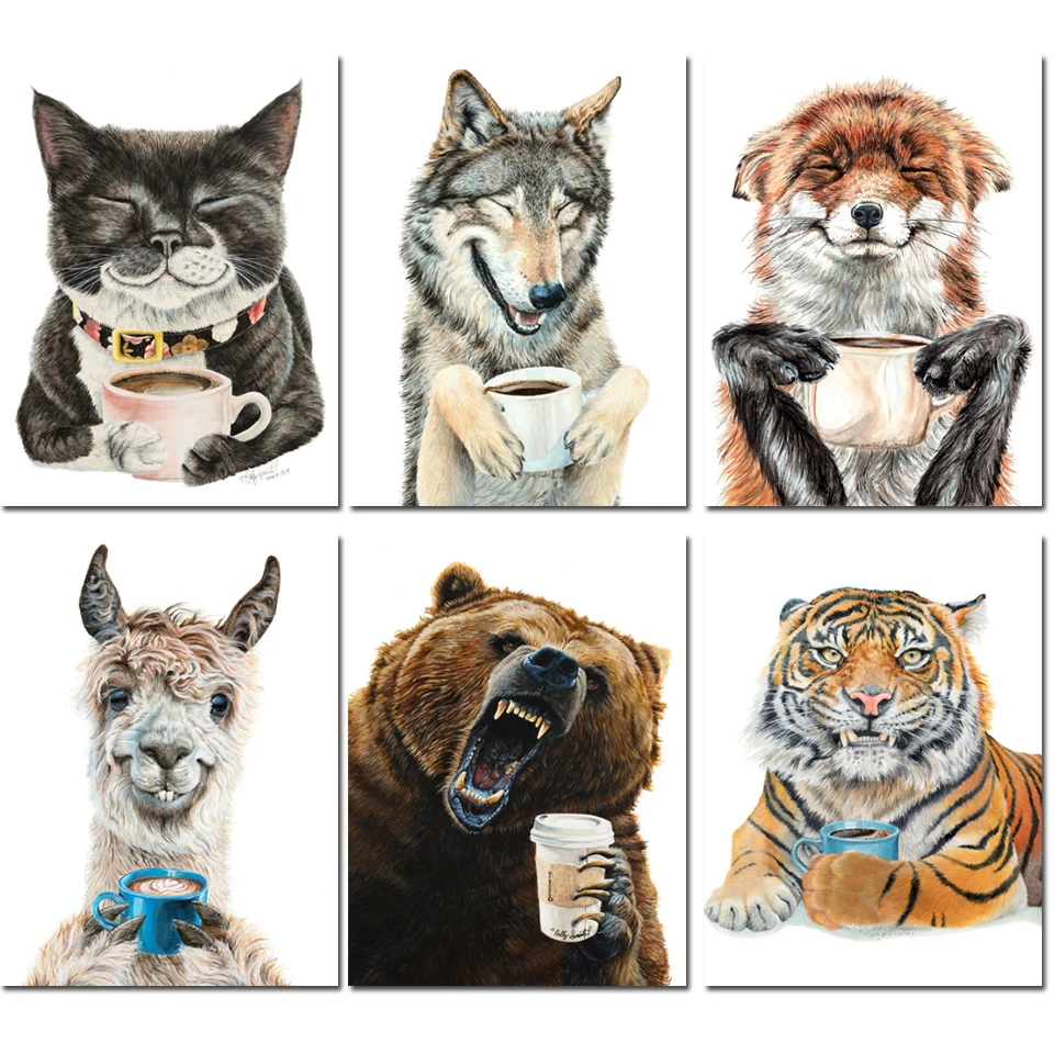 Cat Tiger Fox Diamond Painting Full New Collection Animal Drinking Coffee 5D Diamond Embroidery Cartoon Kitchen Home Decor Gift