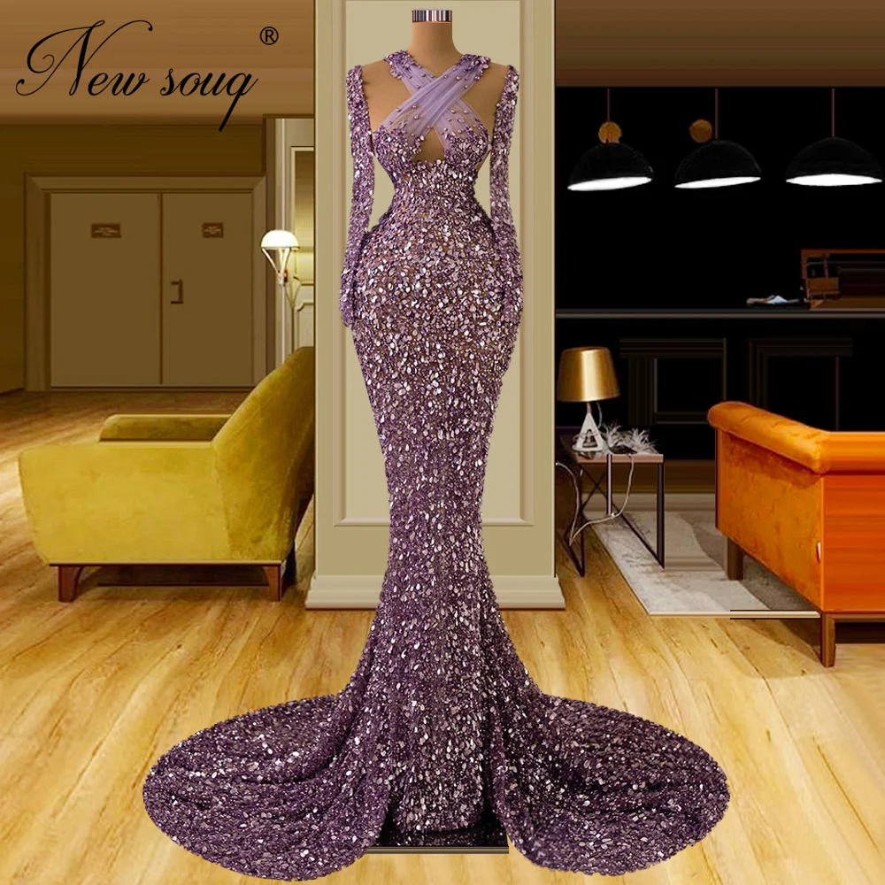 

Mermaid Purple Sequins Prom Dresses Middle East Long Sleeves Cocktail Dress Elegant Dubai Wedding Beaded Party Evening Dresses