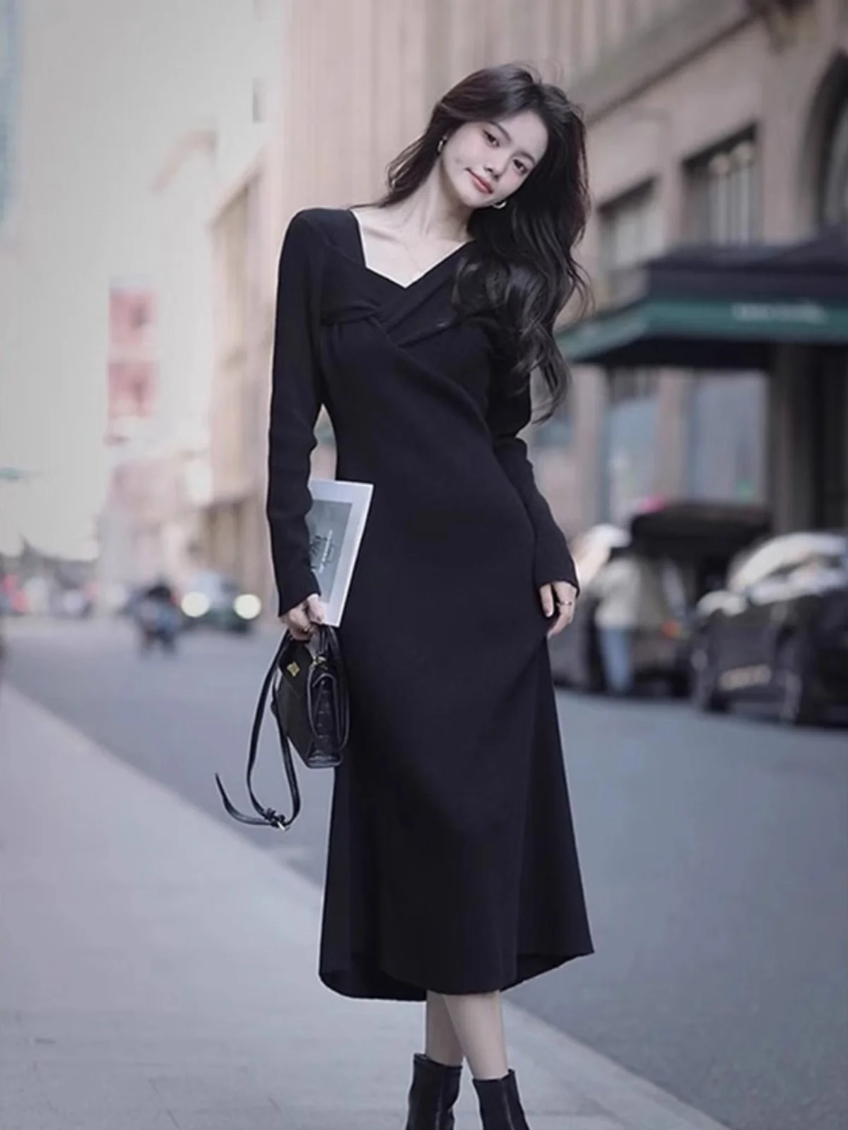 Высококачественное одинаковое пальто с французским вырезом трикотажное платье