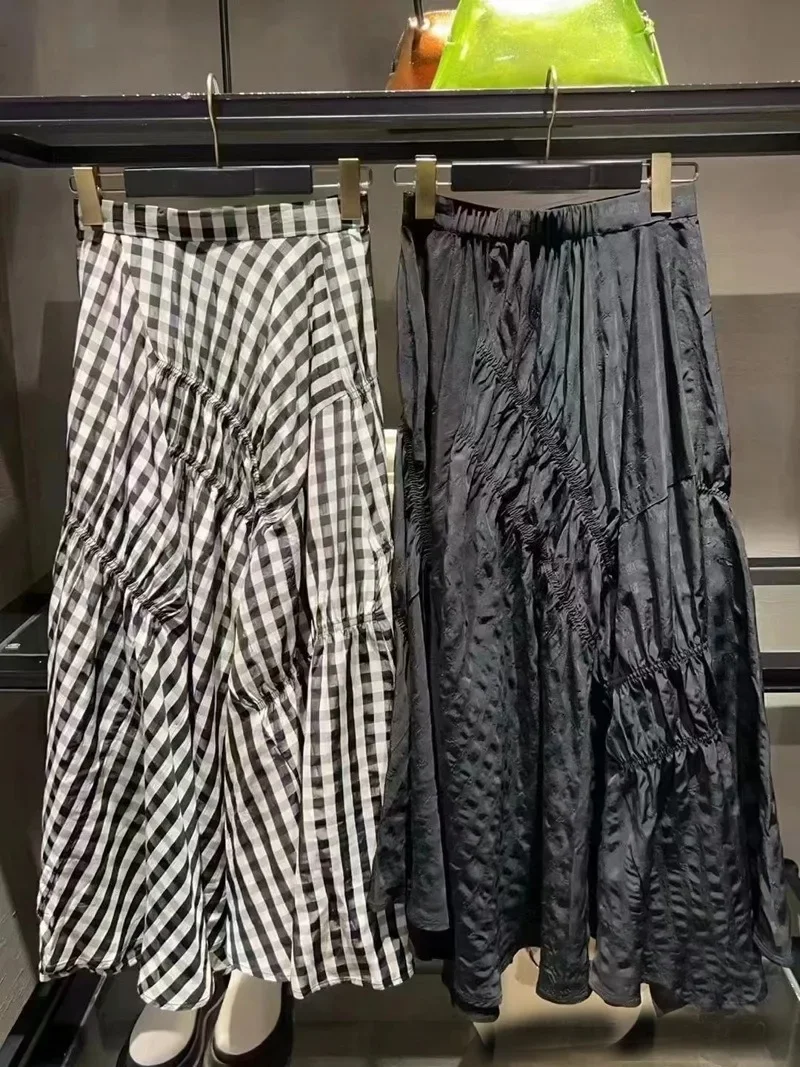 Лето 2024 новые универсальные простые клетчатые юбки с высокой талией