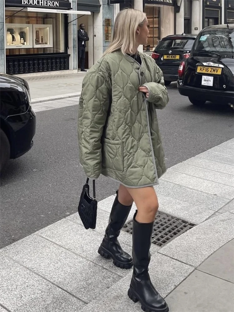 KEYANKETIAN women's diamond quilted cotton coat winter coat Army green oversize round neck single breasted cotton coat
