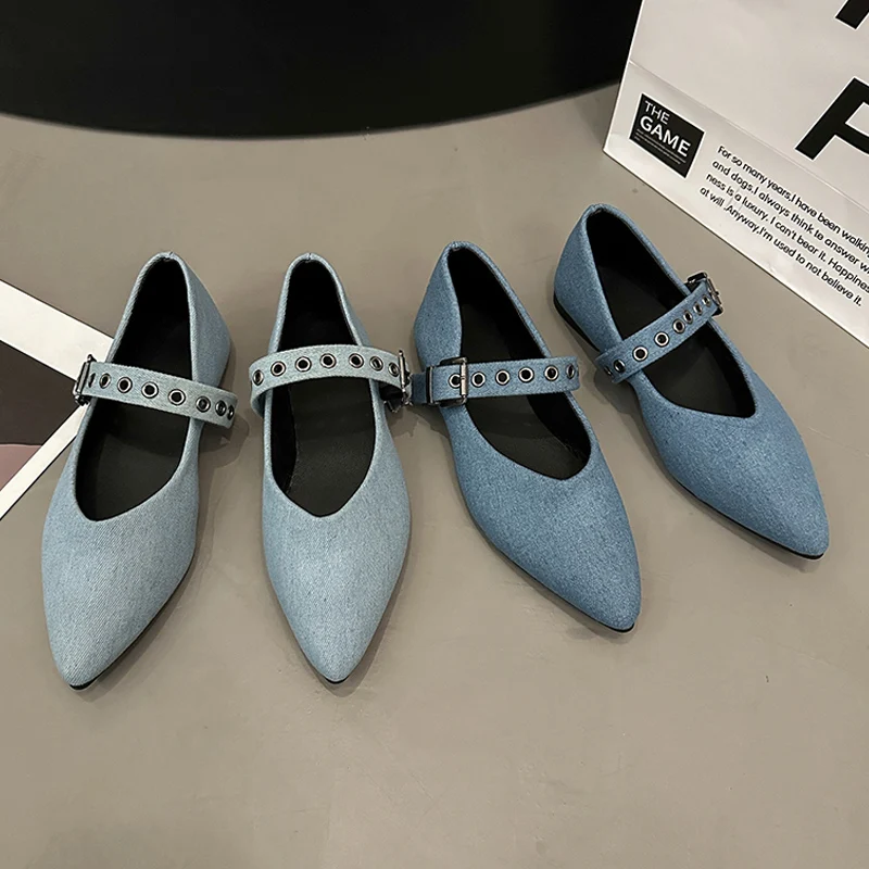 Soft Denim Mary Jane Shoes Women Pointed Toe Ballet Flats Ladies Fashion Blue Canvas Loafers with Buckle Belt and Rivets