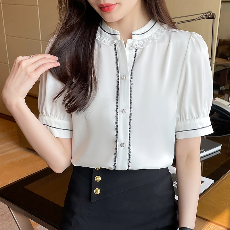 

Chikich White Satin Short-sleeved Shirt Women 2022 Summer New Korean Fashion Hit Color Sweet Woman Top Elegant Blusas De Mujer