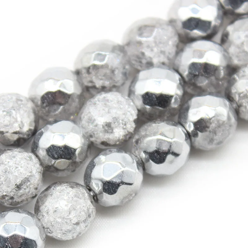 

Natural Stone Beads Faceted Silver Cracked Crystals Round Loose Beads For Jewelry Making Necklace Bracelet 4-12mm 15" Strand