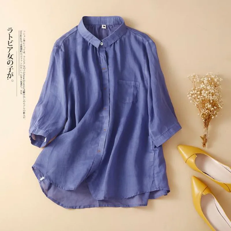 

New Arrival Arts Style Summer Women Casual Loose Turn-down Collar Short Sleeve Blouse Single Breasted Cotton Linen Shirts P451