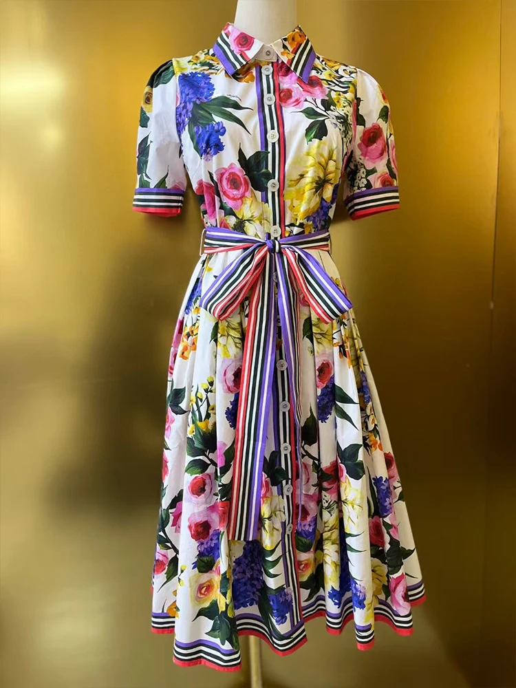 Винтажное однобортное платье с отложным воротником и принтом на завязках