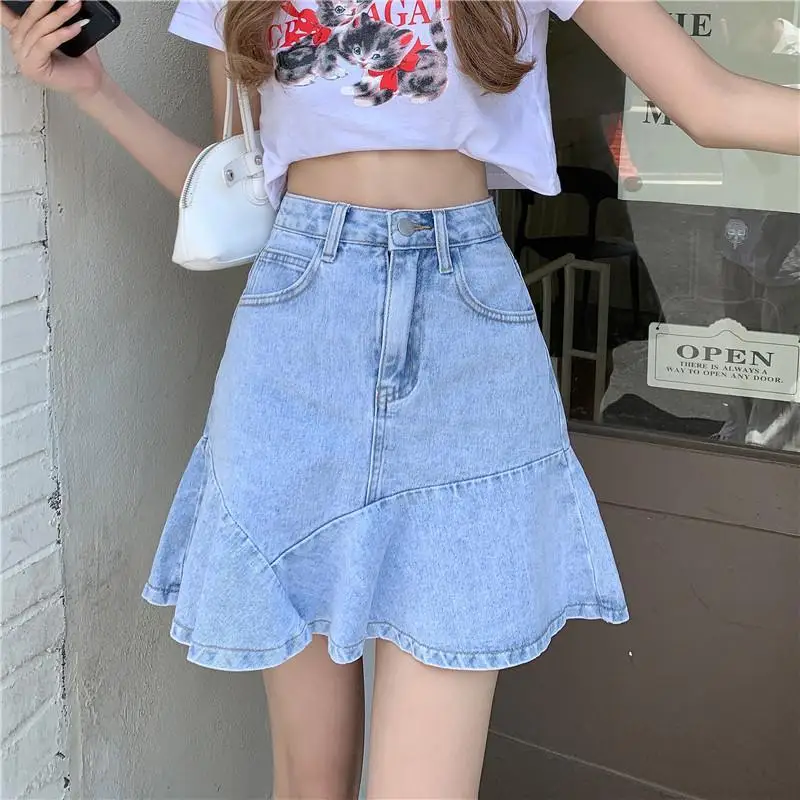 

Hot Sale Skirts Women Solid Loose Mermaid Students Mini All-match Hipster Denim Retro S-4XL Ulzzang Females High Waist Popular