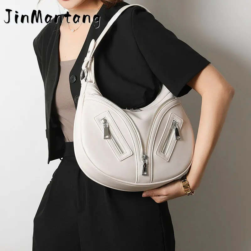 

Jin Mantang Y2K Punk Zipper Design PU Leather Saddle Shoulder BagS 2023 Trend Women Small Designer Simple Handbags Underarm Bags