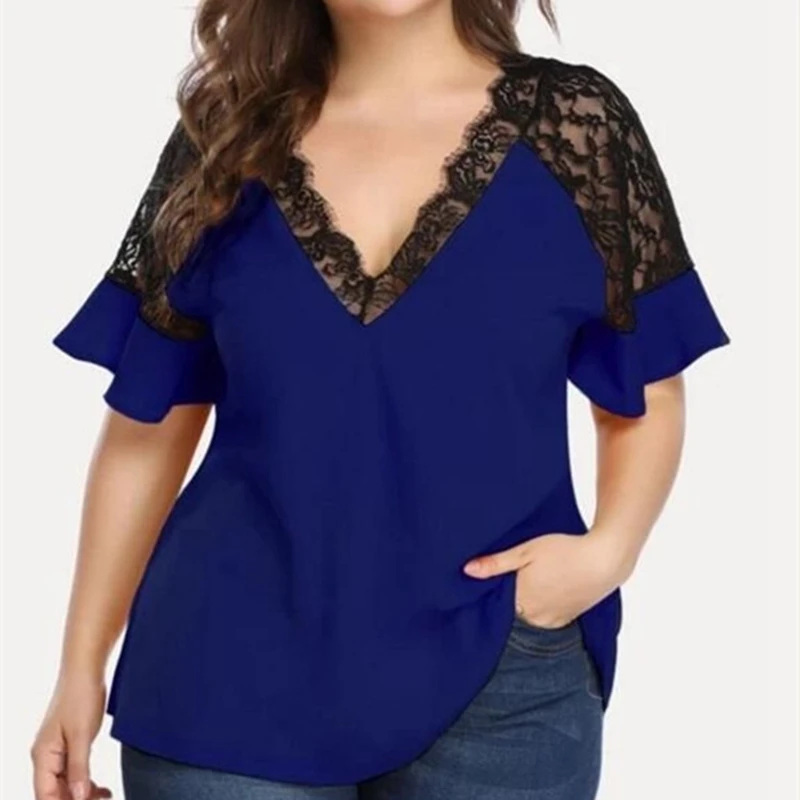 Новая летняя модная футболка больших размеров 4XL, 5XL, 6XL, качественная женская футболка с коротким рукавом, сексуальная повседневная футболка с v-образным вырезом и кружевной строчкой (art.: 3920cd53a8fa0) - 3920cd53a8fa0
