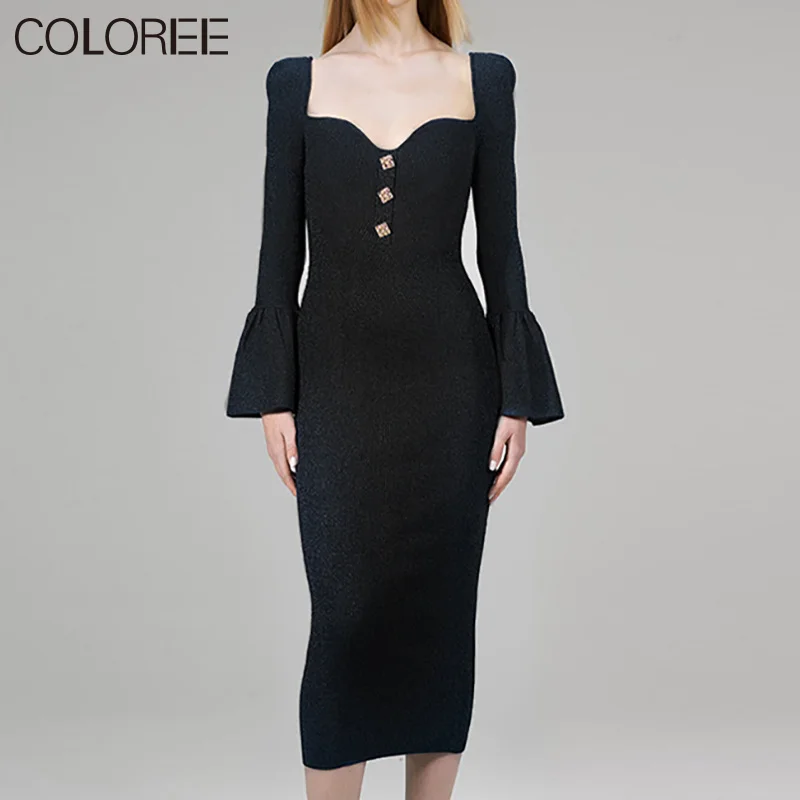 Runway Designer Vintage Elegant Flare Sleeve Midi Dresses for Women Sexy Backless White Black Knitted Dress Vestidos De Fiesta