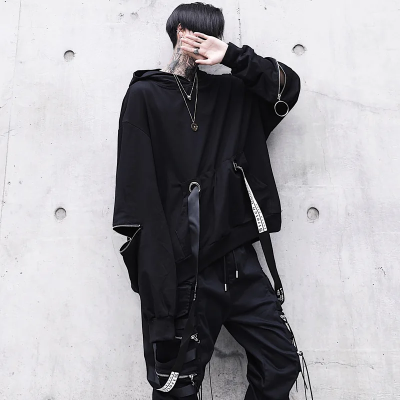 

HOUZHOU Black Men's Hoodies Goth Sweatshirt Hood Summer Techwear Gothic Darkwear Hoodie Sweatshirts Streetwear Hip Hop Harajuku