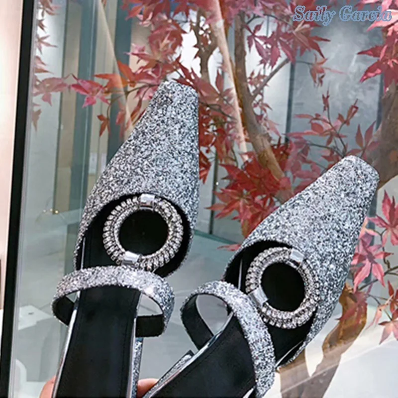 2022 Bling Hollow Ring Decorated Slippers Chunky Heel Autumn Modern Solid New Arrival Fashion Party Shoes