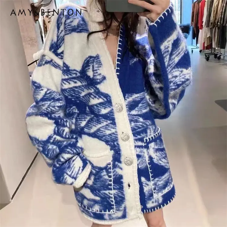 Thickened Hand-Stitched Knitted Cardigan Coat for Women Loose Style Casual Sweater Coats for Ladies V-neck Single Breast Sweater