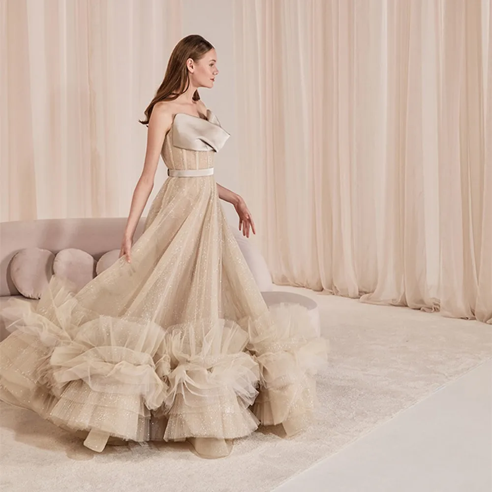 Женское свадебное платье-пачка с оборками длинное блестящее ТРАПЕЦИЕВИДНОЕ