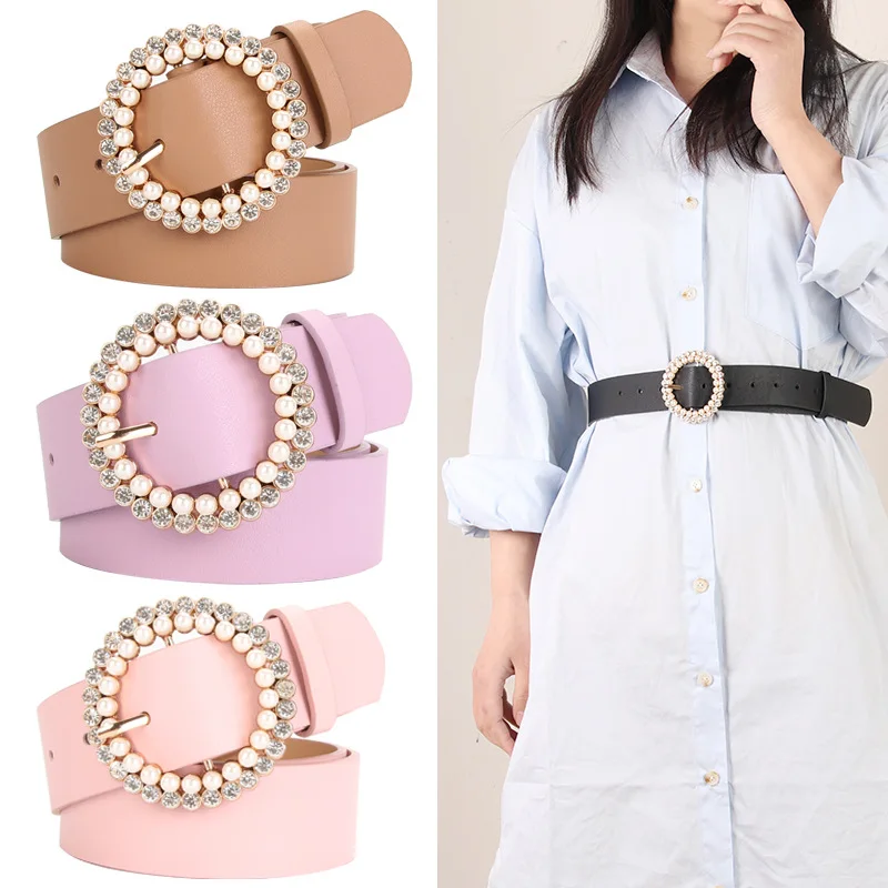 

Elegant Ladies PU Belt Pearl Alloy Buckle Intellectual Atmosphere Color Multi-choice Decorative Dress Trousers Belts for Women