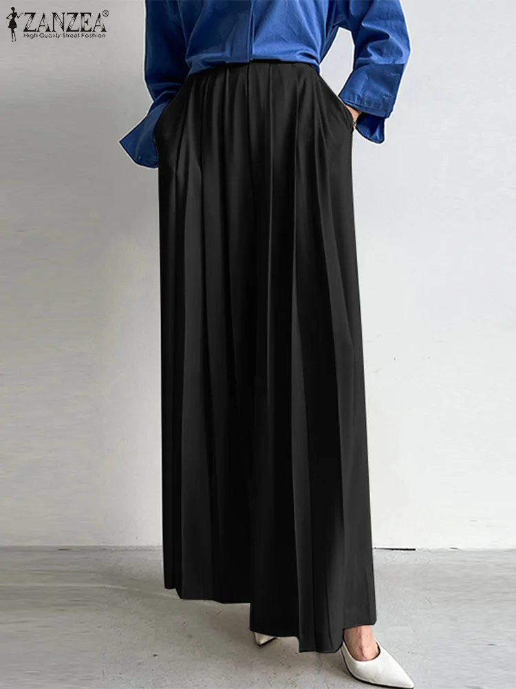 

ZANZEA Vintage Pleated Design Pants Woman Fashion Wide Leg Pant Casual Holiday Trousers Autumn Elegant Ankle Length Pantalon