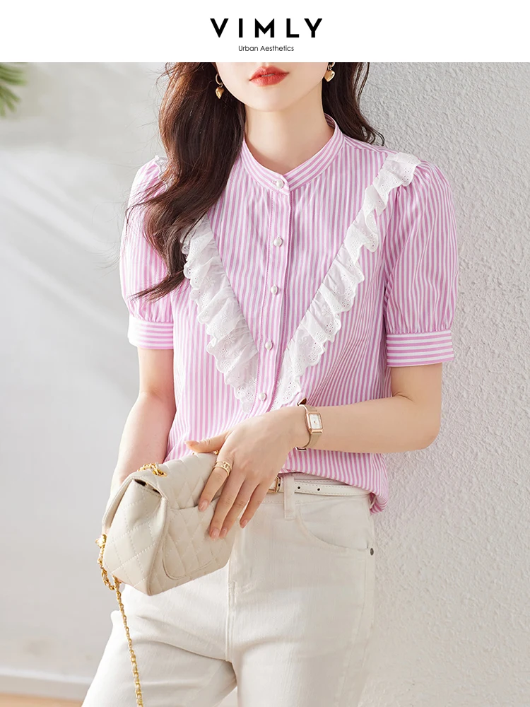 

Vimly Pink Striped Women's Shirt 2023 Ruffle Lace V-neck Short Sleeve Straight Elegant and Chic Summer Top Shirts and Blouses
