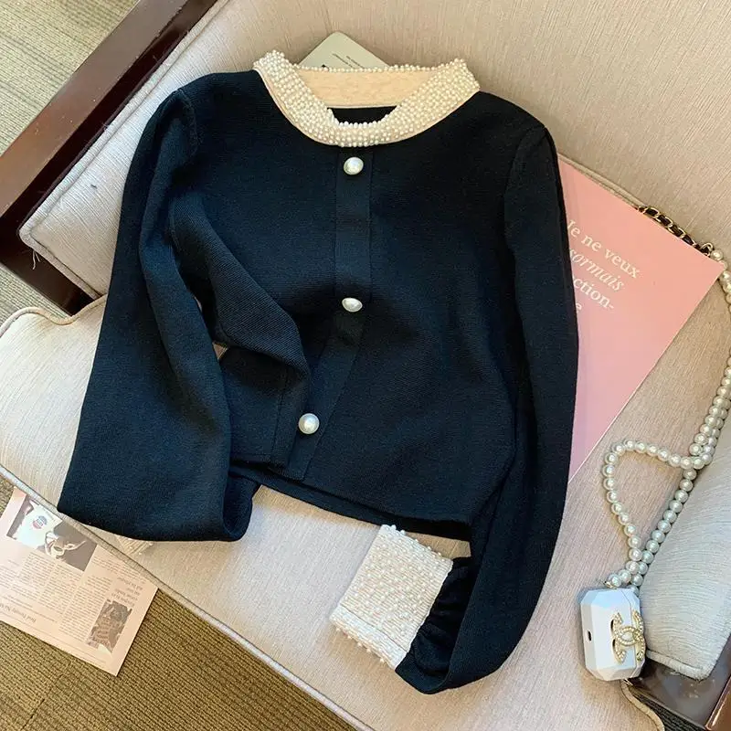 neckline pearl rhinestone cashmere knitted cardigan  winter clothes women  oversized sweater  Regular  Button   pulls enlarge