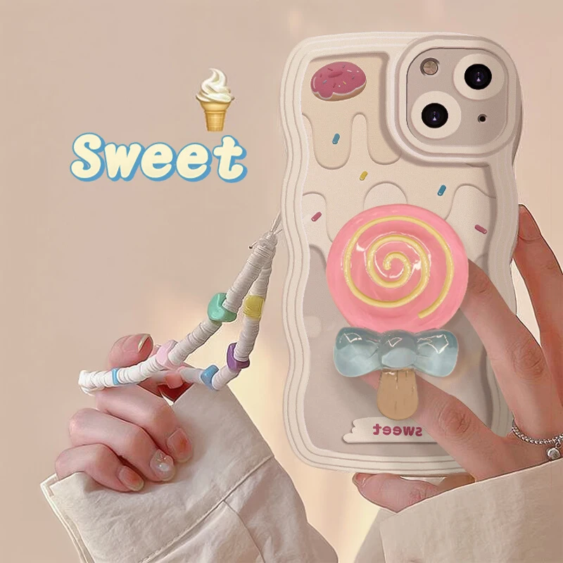 

3D Cartoon Lollipop Phone Case Holder For Oppo Realme R17 R15 Reno 8 7 6 5 Pro A72 Cute Silicone Protective Cover With Bracelet