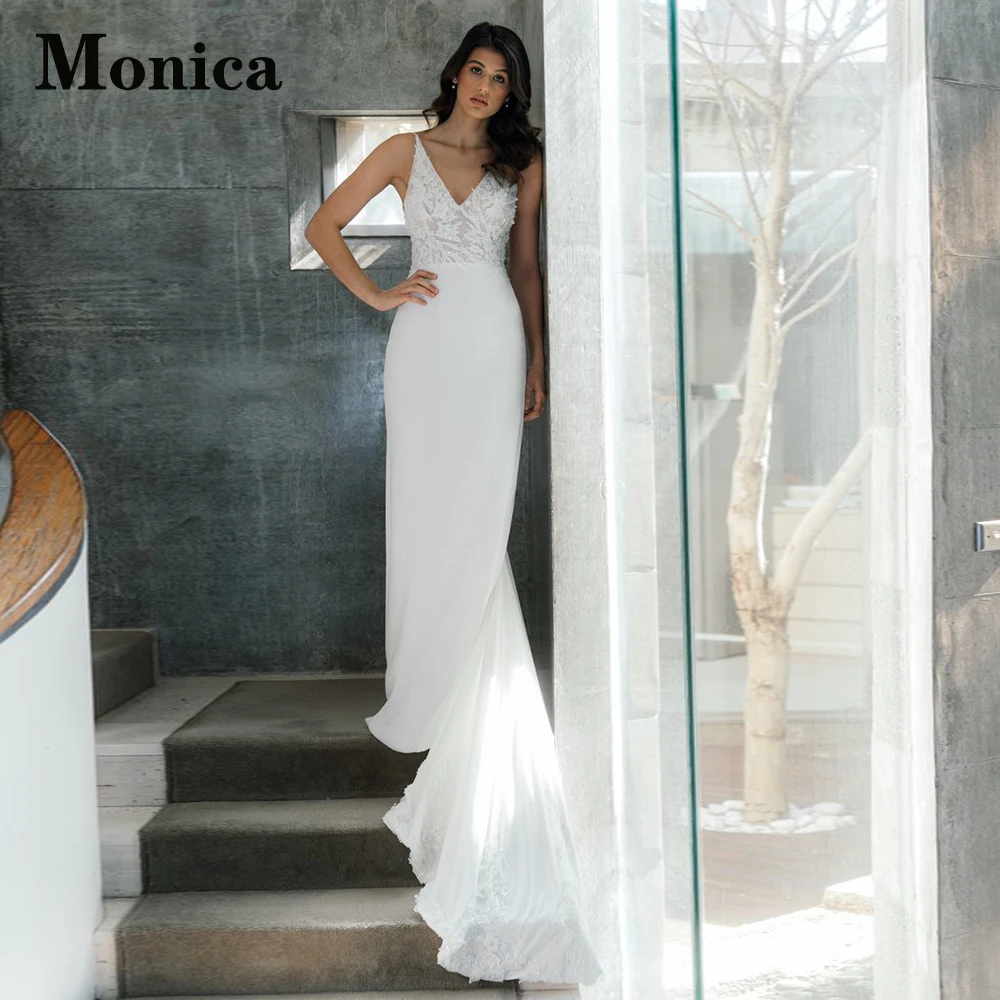 

MONICA Simple Sheath Wedding Dresses For Women Satin V-Neck Backless Appliques Court Train Spaghetti Straps Robe De Mariée