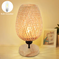 depuley led bedside table lamp solid wood base rattan bamboo lampshade minimalist nightstand desk lamp for bedroom living room