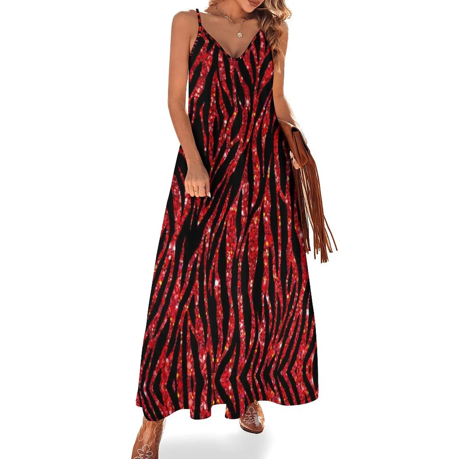

Glitter Zebra Pattern Dress Trendy Modern Animal Print Street Wear V Neck Boho Beach Long Dresses Night Club Maxi Dress Big Size