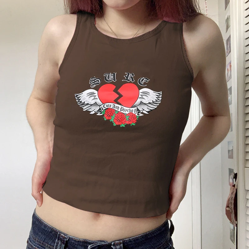 

Rose Heart Print Graphic Crop Tops Women Streetwear Sleeveless Tank tops 2022 Harajuku Corset Gothic Clothing Fashion Y2k Top