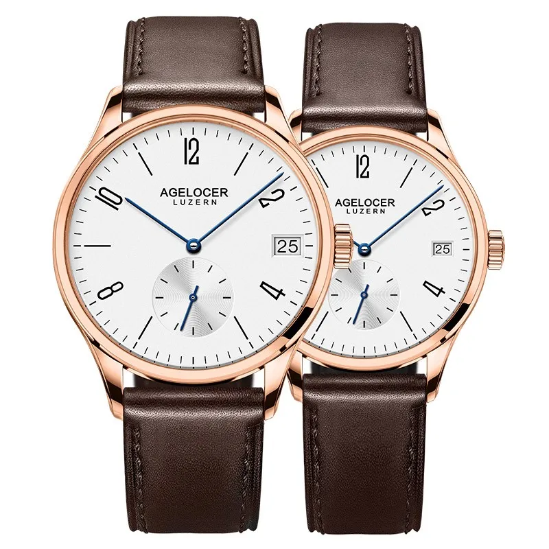 New Style AGELOCER Luxury Automatic Couple Watches Mens Womens Clock Leather Band Wrist Watch For Lovers Montre Homme