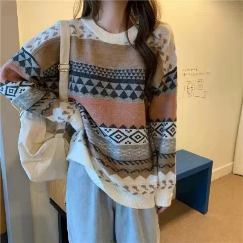 

Винтажный женский свитер пуловер, зимние полосатые Джемперы, Свободный пуловер в Корейском стиле, вязаная одежда, повседневный свободный свитер, женский свитер